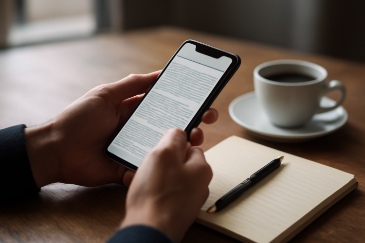 Seseorang memeriksa informasi di ponsel dengan buku catatan dan kopi di meja