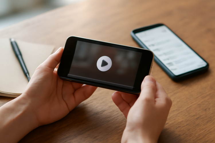 Dua tangan memegang ponsel untuk memeriksa keaslian video yang beredar di media sosial