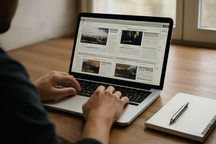 Seseorang membandingkan beberapa portal berita nasional di laptop